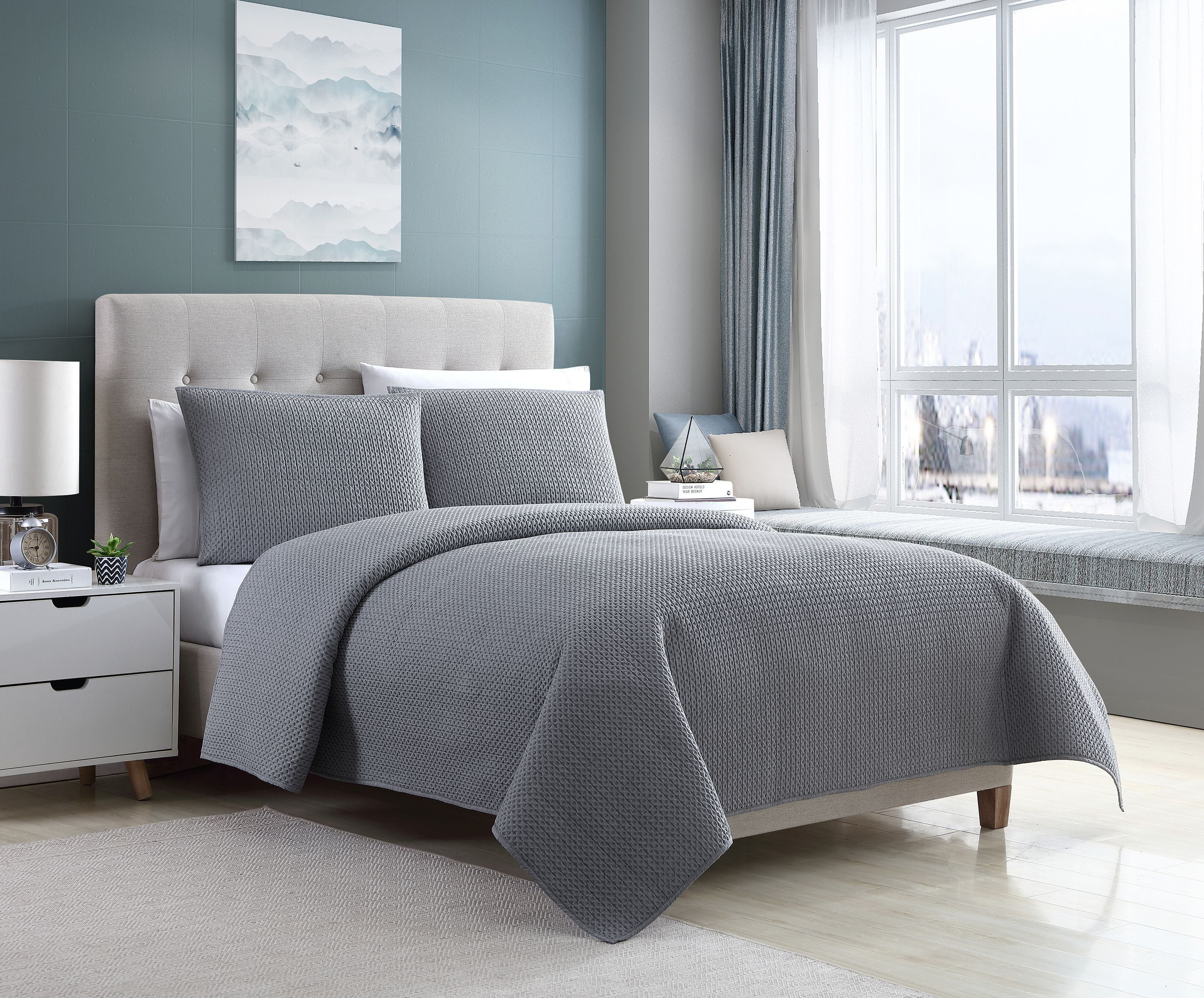 Mainstays Waffle Plush Micromink 3 Piece Quilt Set, King, Gray | Walmart (US)