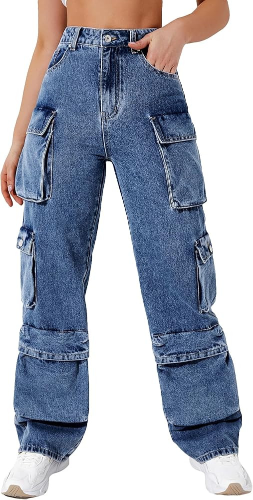 SweatyRocks Women's Casual High Waist Flap Pockets Cargo Jeans Baggy Straight Leg Denim Pants | Amazon (US)