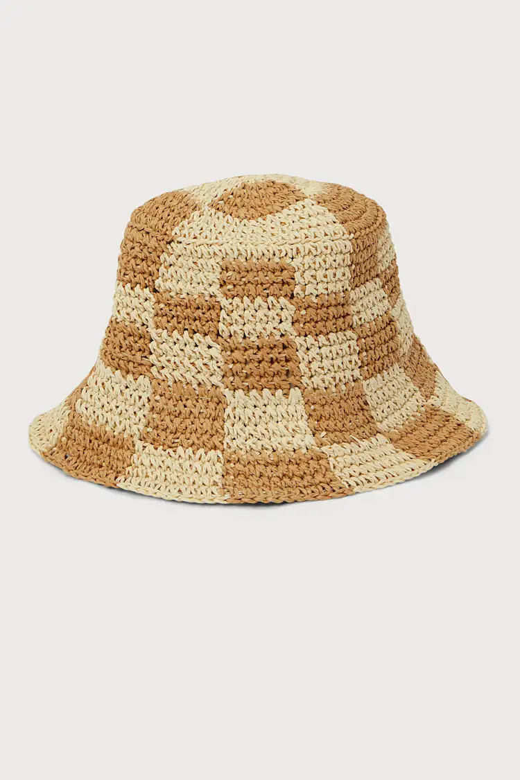 Sunshine Check Beige and Tan Checkered Straw Bucket Hat | Lulus