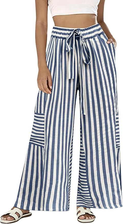 Bankeng Womens Summer Casual Striped Pants Loose Wide Leg Lounge Pants Elastic Waist Palazzo Trou... | Amazon (US)