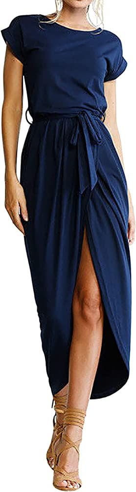 Women's Casual Summer Dress Short Sleeve Long Dress Slit Party Maxi Dresses | Amazon (US)
