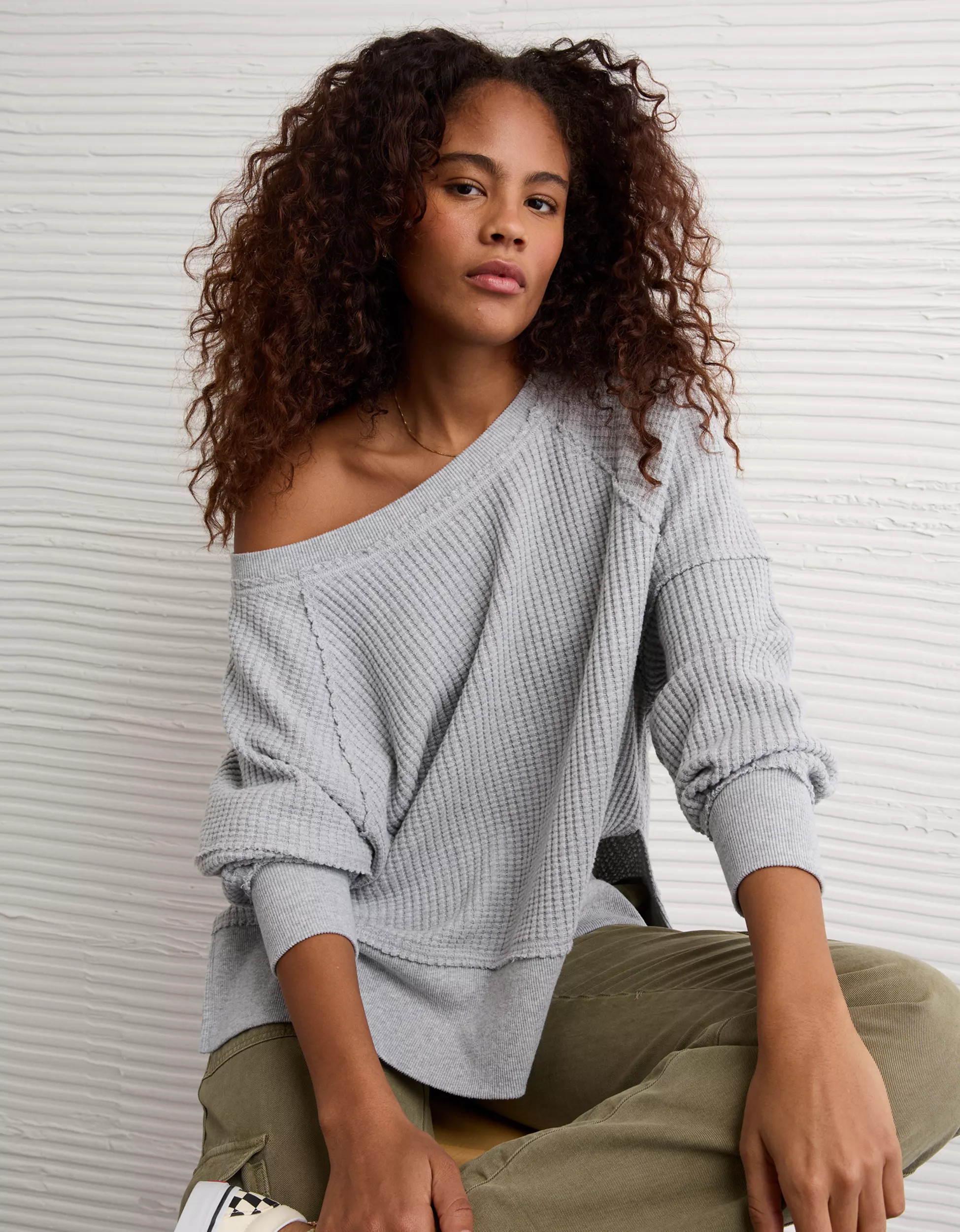 AE Big Hug Off-the-Shoulder Waffle Sweatshirt | American Eagle Outfitters (US & CA)