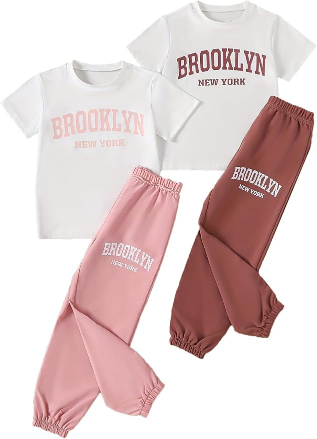 Girls 4 Pieces Outfits Short Sleeve Printed Tee Tops and Pants Set 4-12Y | Amazon (US)