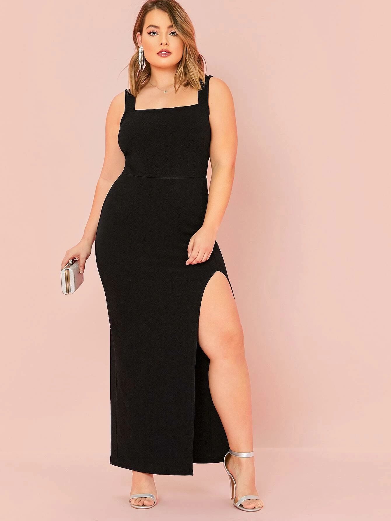 SHEIN Plus Split Thigh Solid Maxi Dress | SHEIN