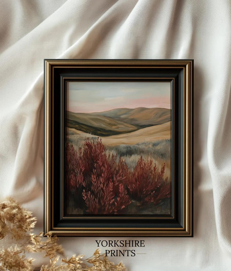 Moody Landscape Print Vintage Moody Floral Wall Art Maroon Wildflower Painting Moody Red Pastoral... | Etsy (US)