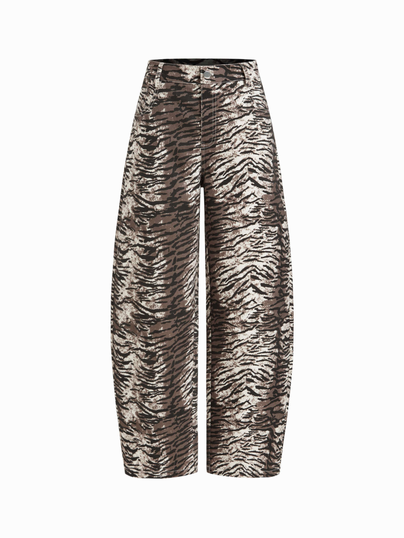 Woven Cotton-blend Mid Rise Zebra Striped Print Barrel-leg Trouser For Daily Casual Work | Cider