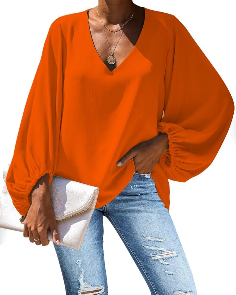 Deep V Neck Tops and Blouses for Work Batwing Long Sleeve Loose Shirts | Amazon (US)