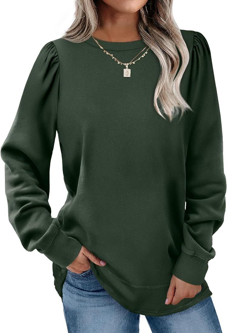 Aloodor Sweatshirts for Women Crewneck Long Puff Sleeve Shirts Tunic Tops Sweaters for Leggings | Amazon (US)