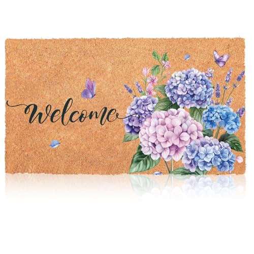 Blosssound Spring Hydrangea Nature Coir Doormat 17x29 Inch Summer Butterfly Welcome Mats Hydrangea Rugs Decorative Front Porch Rugs Non Slip Entrance Kitchen Door Mat Indoor and Outdoor Home Decor | Amazon (US)