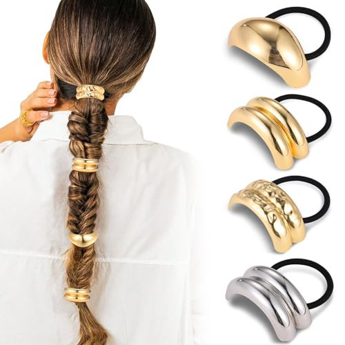 4Pcars Metal Hair Ties - Gold Geometric Elastic Tie for Thick Hair, Cuff Wrap Ties for Women | Amazon (US)