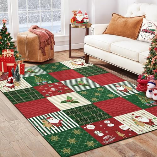RUGSREAL Christmas Rug 4x6 Washable Bedroom Rugs Holiday Decor Non Slip Throw Rugs Soft Carpet Stain Resistant Carpet Holiday Decoration for Home Decor, Red/Green | Amazon (US)