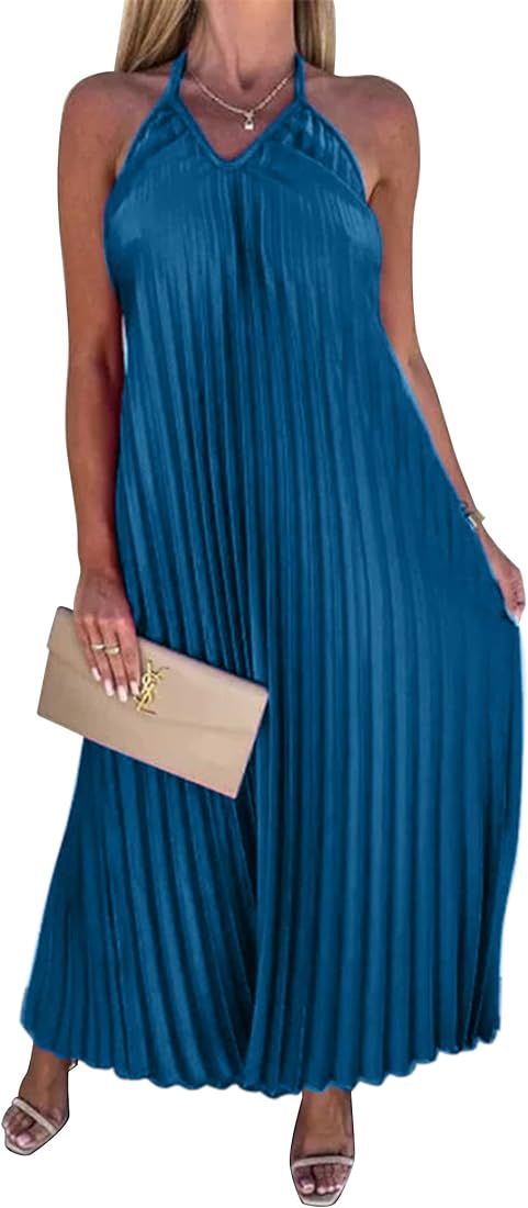 Leadingstar Womens Spaghetti Strap V Neck Pleated Sexy Cami Dress Ruffle Beach Summer Sundress Lo... | Amazon (US)
