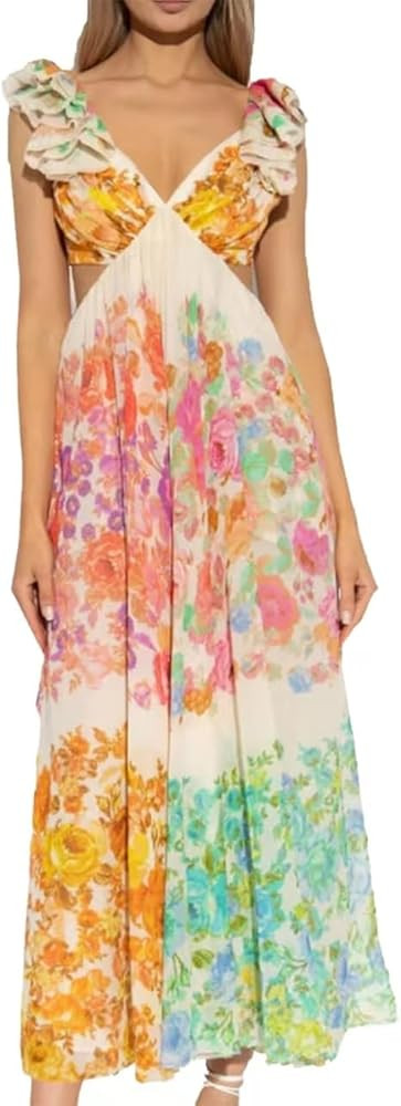 Floral Summer Dress,Women's Boho Flowy V-Neck Floral Midi Beach Dress,Smocked Dress,Lace-up Dress | Amazon (US)