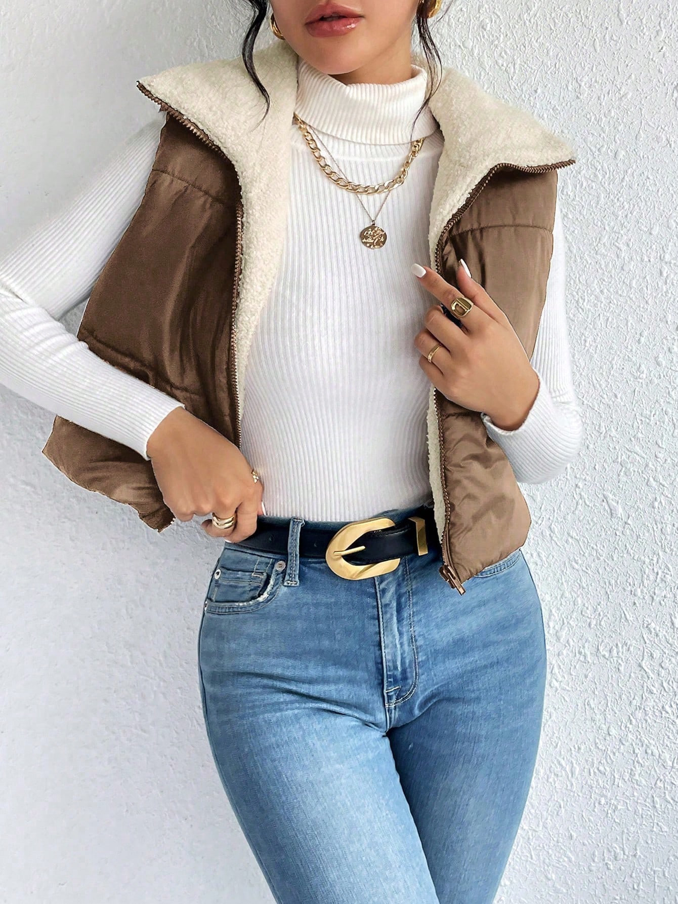 SHEIN Frenchy Zip Up Teddy Lined Puffer Vest Coat | SHEIN