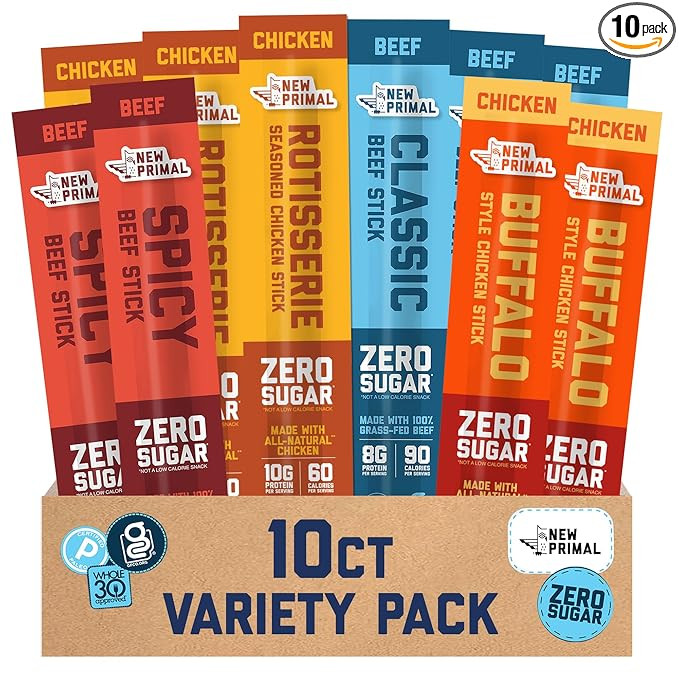 New Primal Meat Sticks Sampler, Grass-Fed Beef, All Natural Chicken, Keto & Gluten Free Healthy S... | Amazon (US)