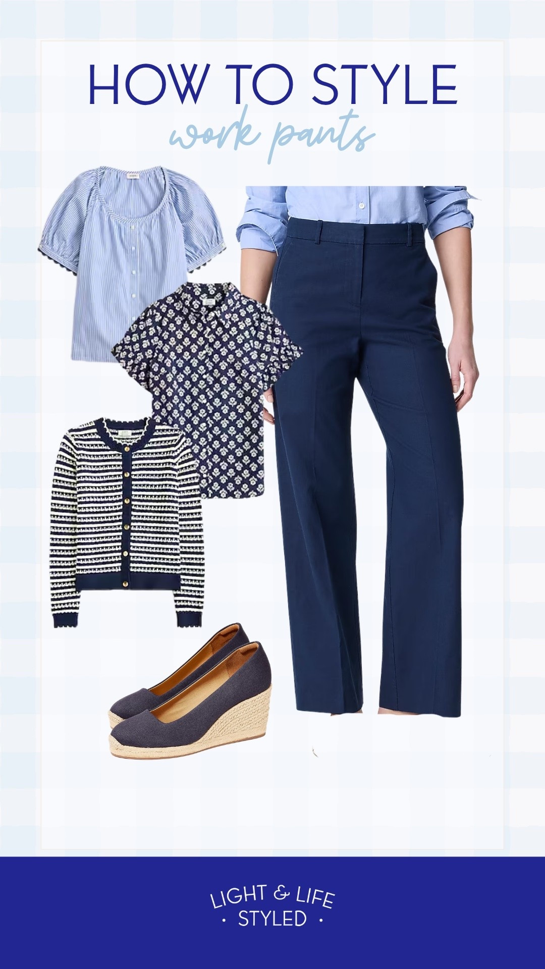 These navy work pants are a closet staple that can be styled countless ways, from polished office days to casual Fridays. Pair them with stripes, florals, or a classic blue blouse for effortless outfits you’ll reach for all season long.