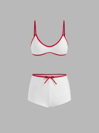 U-neckline Contrasting Binding Knotted Tankini Shorts Bikini Set - Cider | Cider