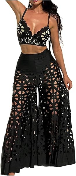 WDIRARA Women's 3 Piece Swimsuit Hollow Out Bikini Set with Cover Up Pants | Amazon (US)
