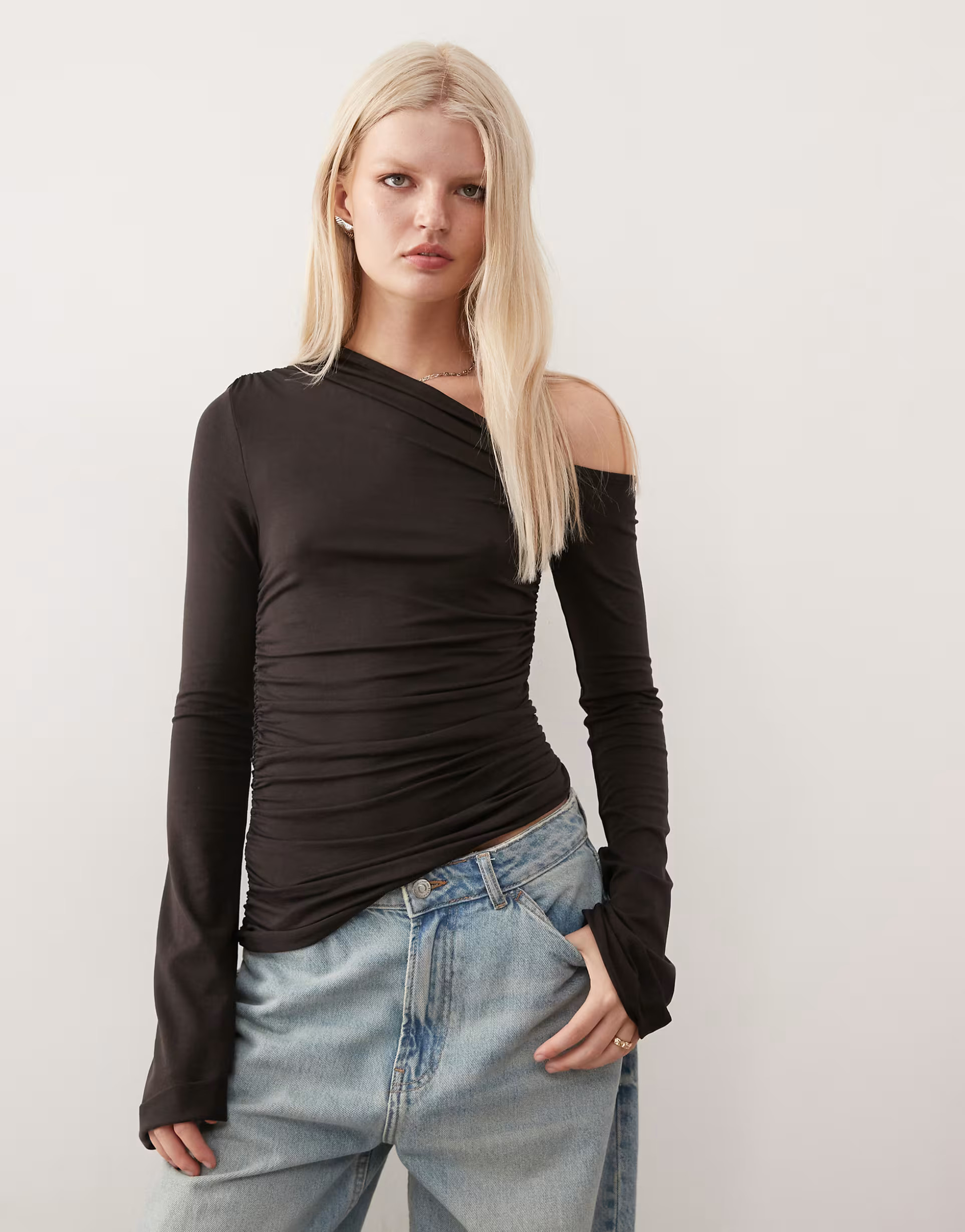 Weekday asymmetric shoulder long sleeve top in dark brown | ASOS (Global)