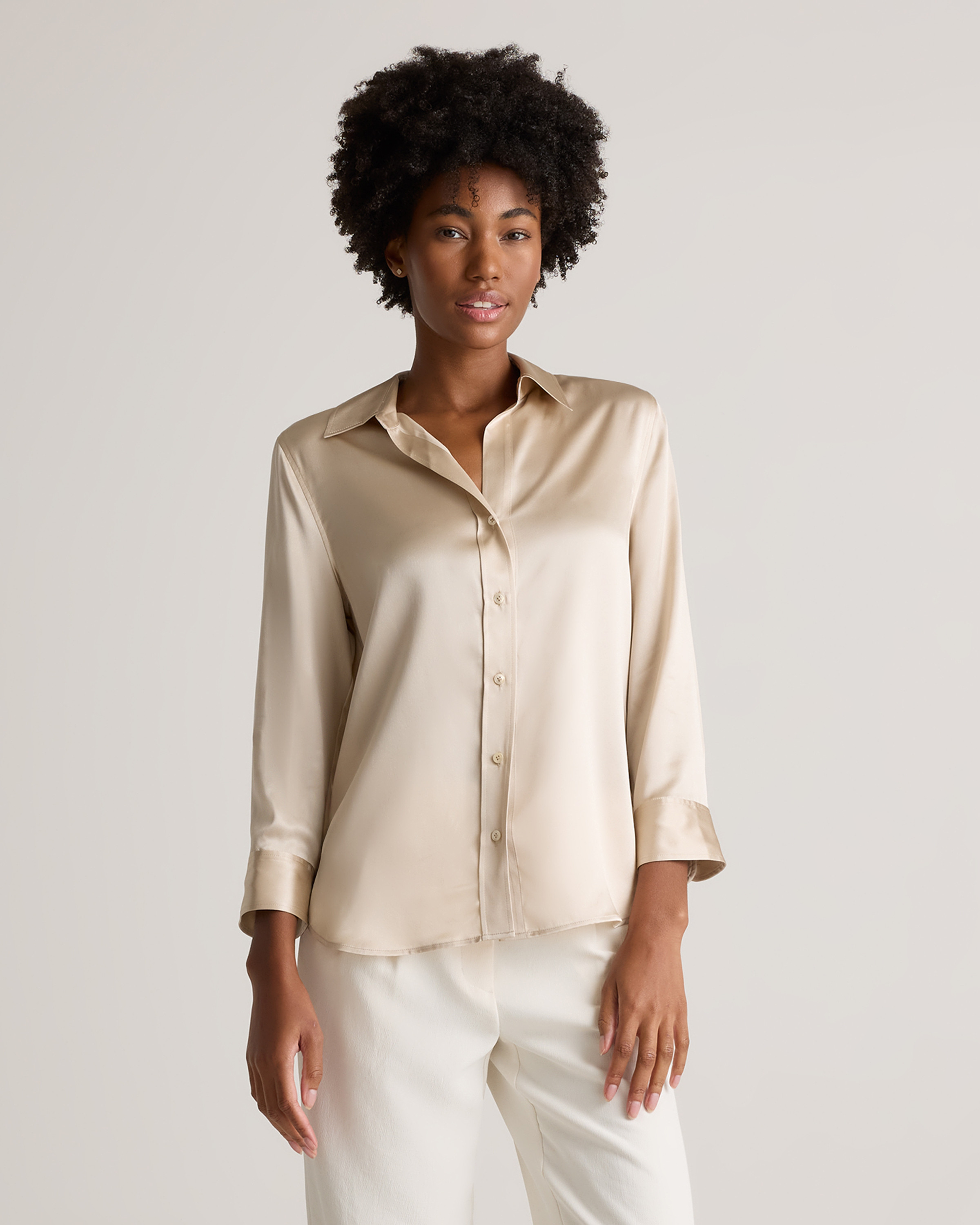 Quince | Women's Three-Quarter Sleeve Shirt in Black, Size Medium, Mulberry Silk | Quince