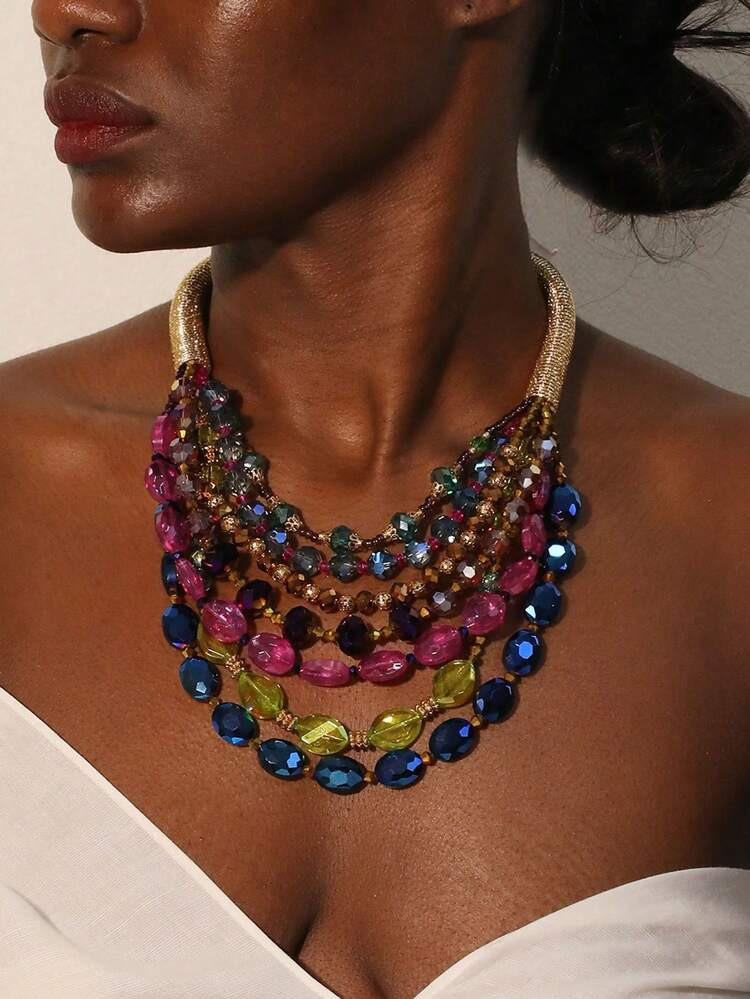 1pc Vintage Multi-Layer Colorful Beaded Necklace, Suitable For Women's Evening Party, Christmas A... | SHEIN