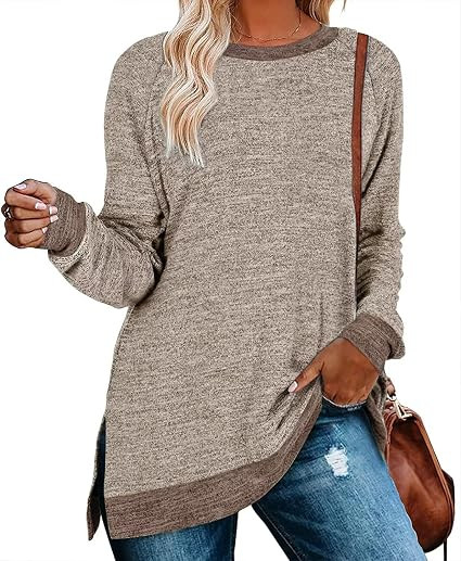 WELINCO Womens Crewneck Pullovers Color Block Long Sleeve Side Split Tunic Tops | Amazon (US)