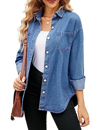 Women's Oversize Denim Jean Jacket Shacket Long Sleeve Boyfriend Blue Jean Shirts Women | Amazon (US)