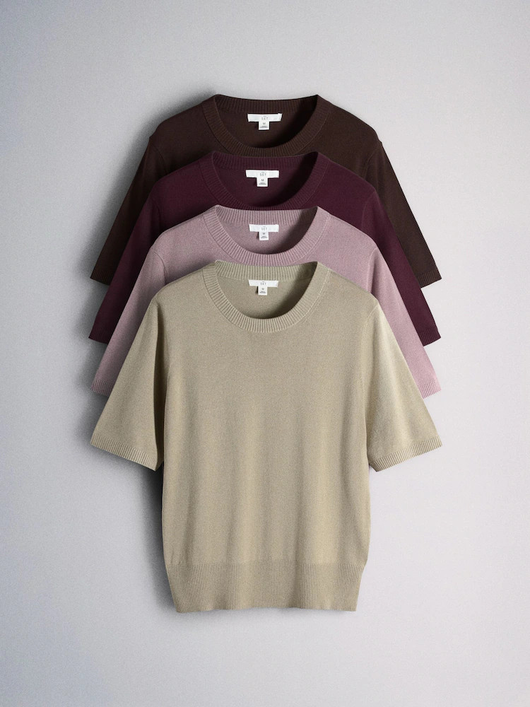 The Set 4 Pack Crew Neck Fine Knit T-Shirts Stone Brown/Pink/Burgandy Red/Chocolate Brown | Next US