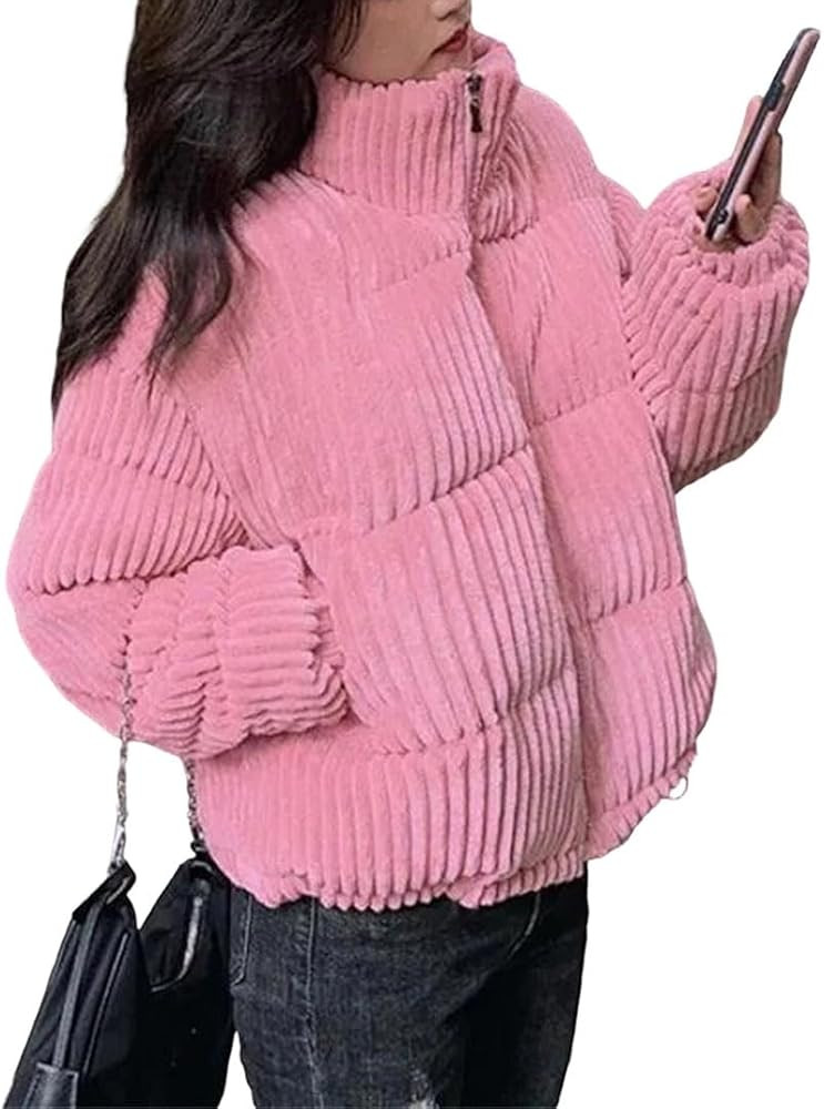 Womens Winter Corduroy Cropped Parka Loose Fit Stand Collar Puffy Coat | Amazon (US)