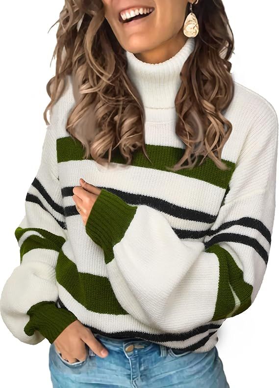 FAVOSHINE Women's Turtleneck Striped Pullover Sweater: Winter Cute Long Puff Sleeve Fashion Color... | Amazon (US)