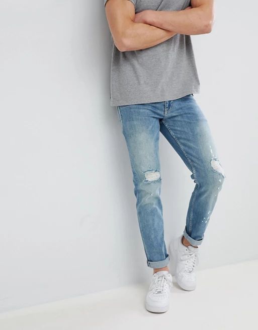 ASOS DESIGN slim jeans in mid wash blue with rips | ASOS US