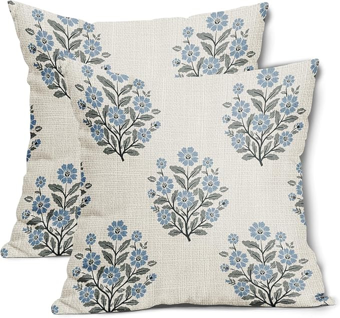 Grandmillennial Pillow Covers 18x18 Inch Set of 2 Blue Floral Block Print Cotton Linen Decorative... | Amazon (US)