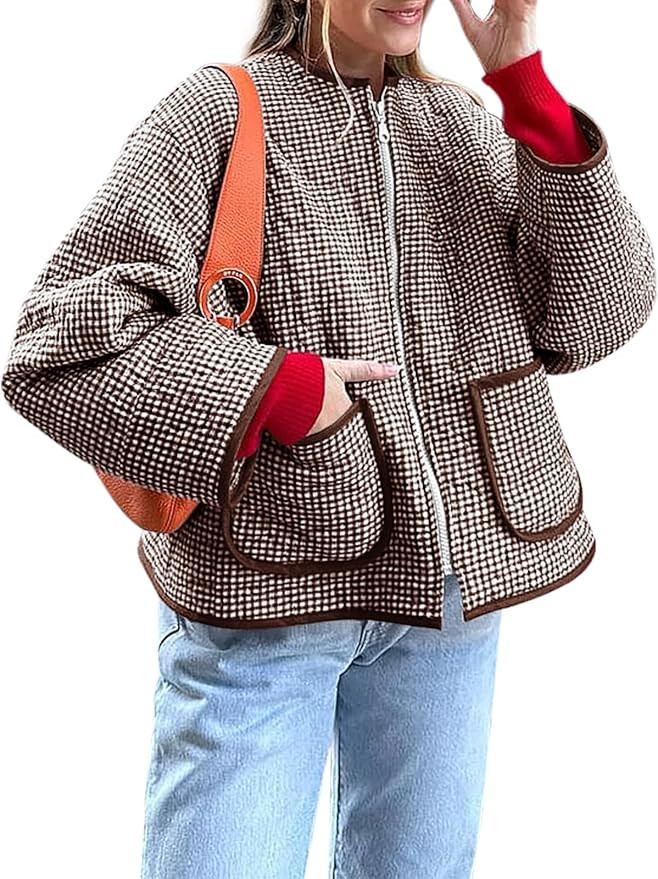 Yousify Womens Jackets Fall Fashion 2024 Crew Neck Quilted Plaid Jacket Full Zipper Coats S-2XL | Amazon (US)