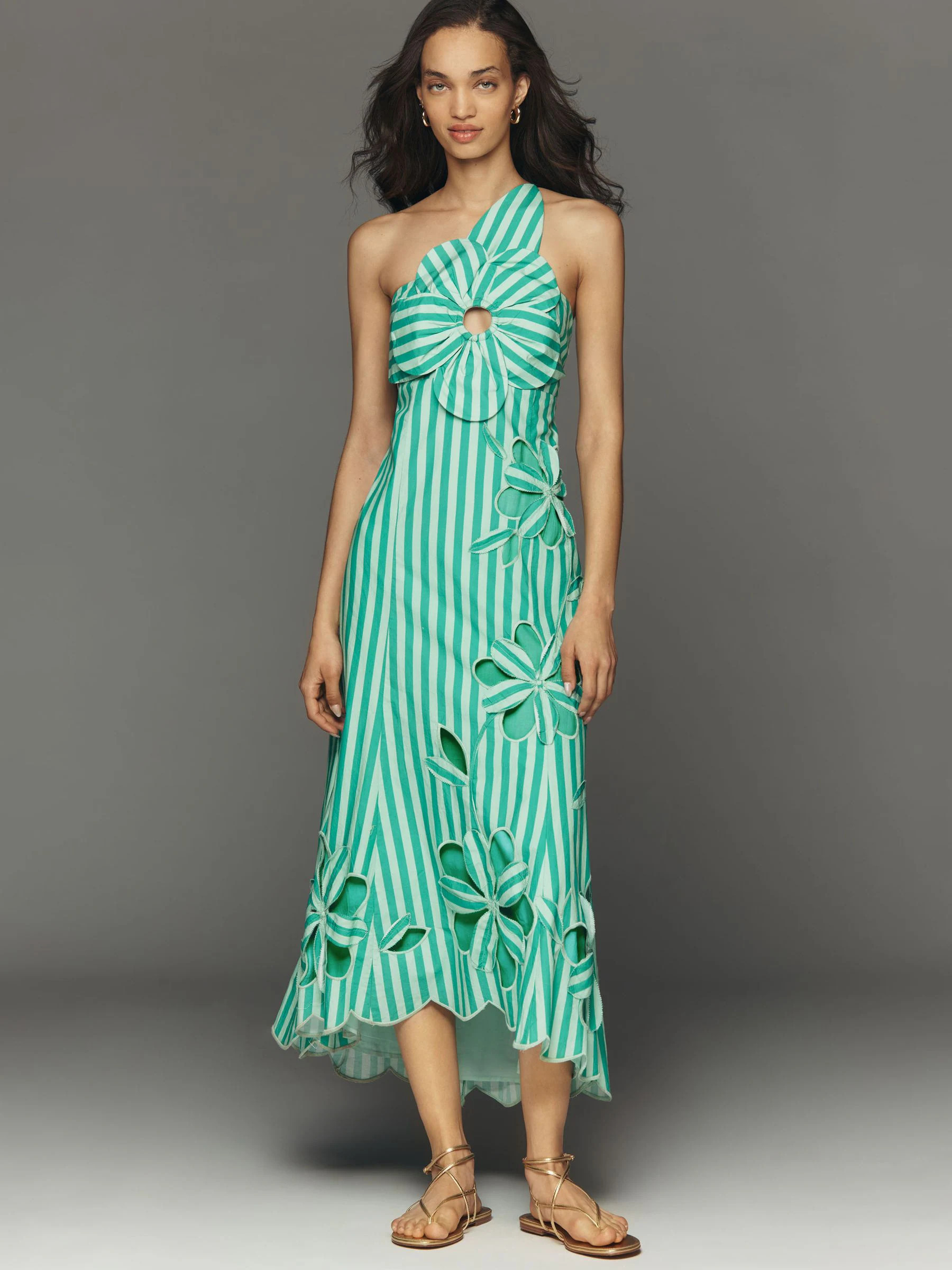 Anthropologie Anthropologie Green Stripe One-Shoulder Floral Cutwork Midi Dress | Next EU