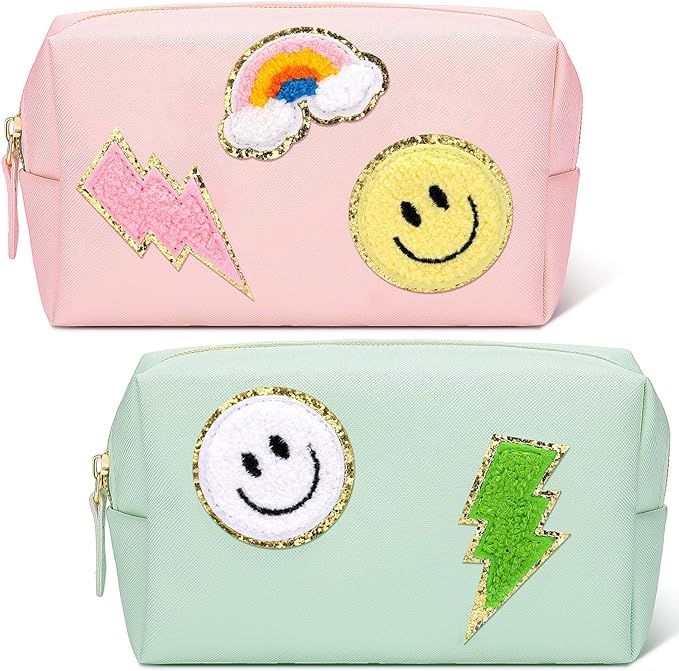 2 Pieces Preppy Patch Small Toiletry Bag Smile Face Bolt Heart Rainbow Waterproof Cosmetic Bag Tr... | Amazon (US)