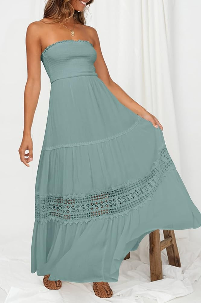 ZESICA Women's 2024 Summer Bohemian Strapless Off Shoulder Lace Trim Backless Flowy A Line Beach ... | Amazon (US)