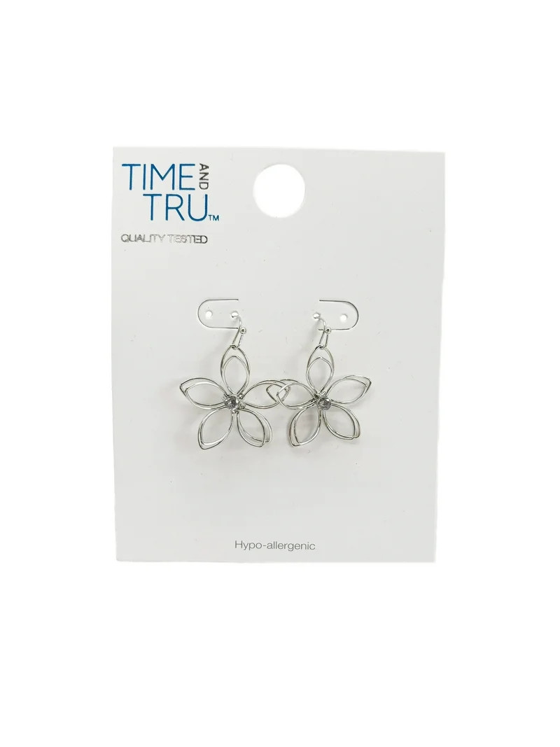 Time & True Women's Open Wire Imitation Rhodium 3D Metal Flower Fishhook Earring. | Walmart (US)