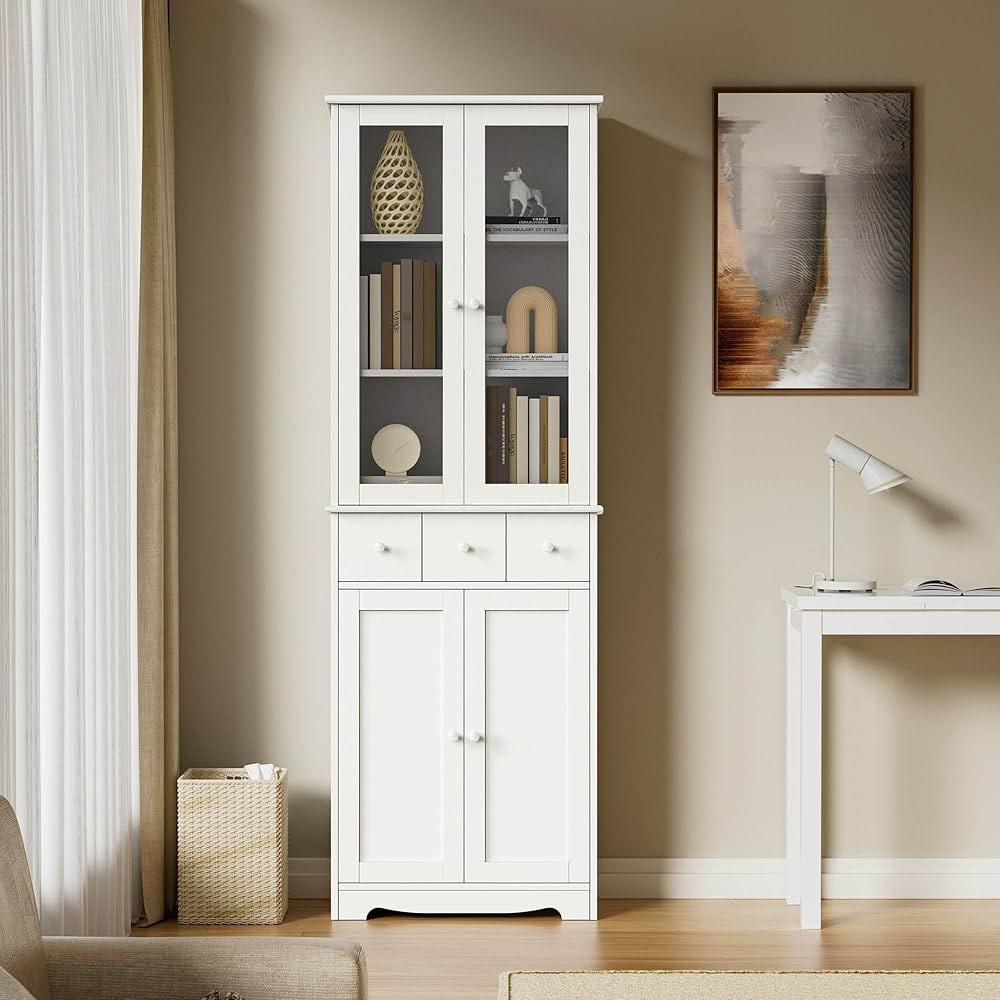 70“ Tall Home Office Bookshelf with Drawers and Shelves, 3-Tier White Large Storage Shelves, Di... | Amazon (US)