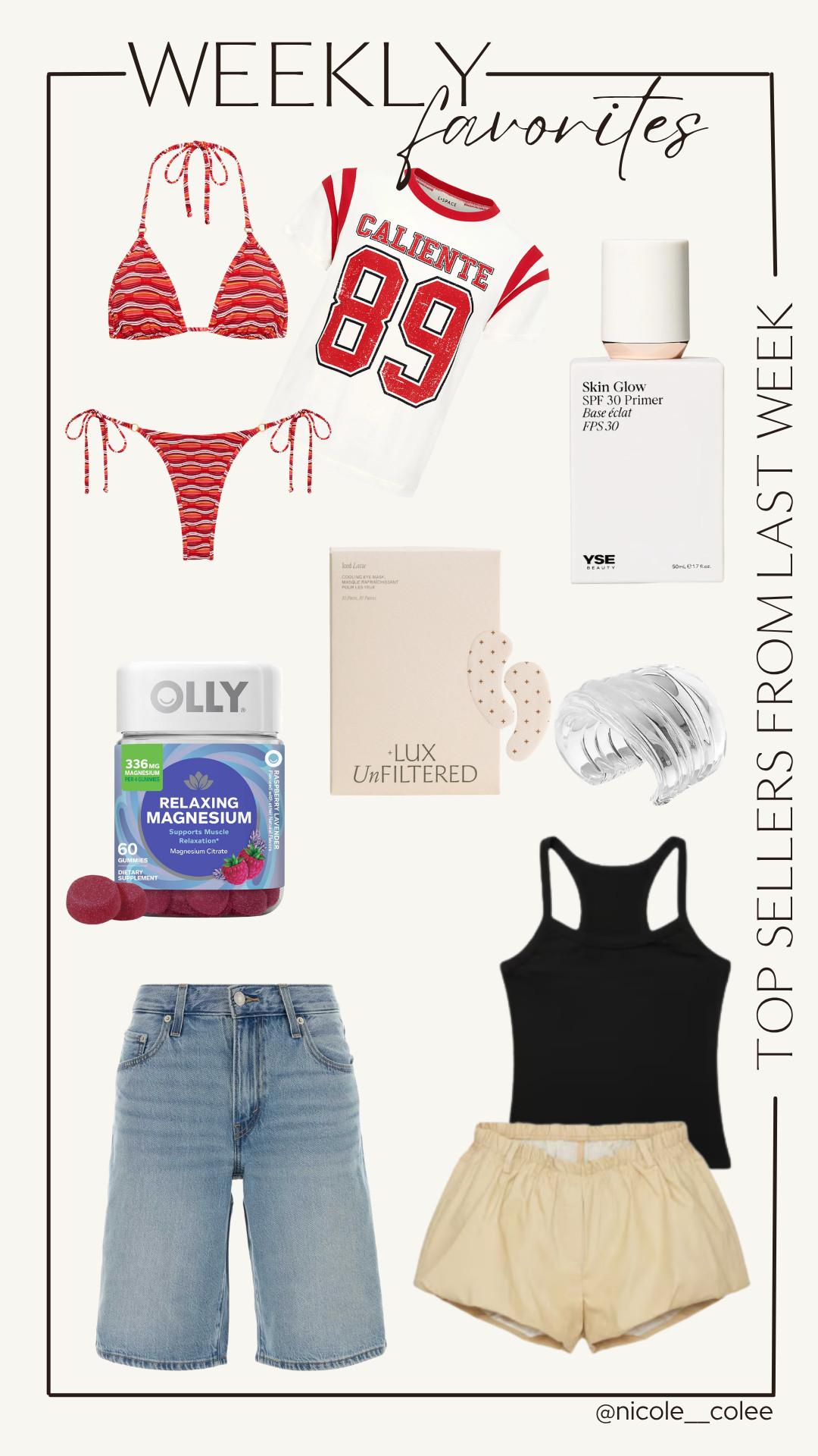 This week's favorites are a little bit of everything I'm currently loving. ❤️☀️

From the cutest pieces in the new L*SPACE x The Salty Blonde collection to the denim jorts and bloomers trend I'm fully embracing, these are the finds currently sitting at the top of my list. Add in my favorite under-eye masks, a glow-boosting SPF primer, relaxing magnesium gummies, and a statement cuff bracelet, and you've got a pretty accurate snapshot of my week.

Fashion, beauty, wellness, and a few fun summer obsessions—all in one place. ✨

Which one are you adding to cart first? 👇

#LTKStyleTip #LTKFinds #WeeklyFavorites #SummerStyle #LTKSummer 

 #LTKdayinmylife #LTKgrwm #LTKootd