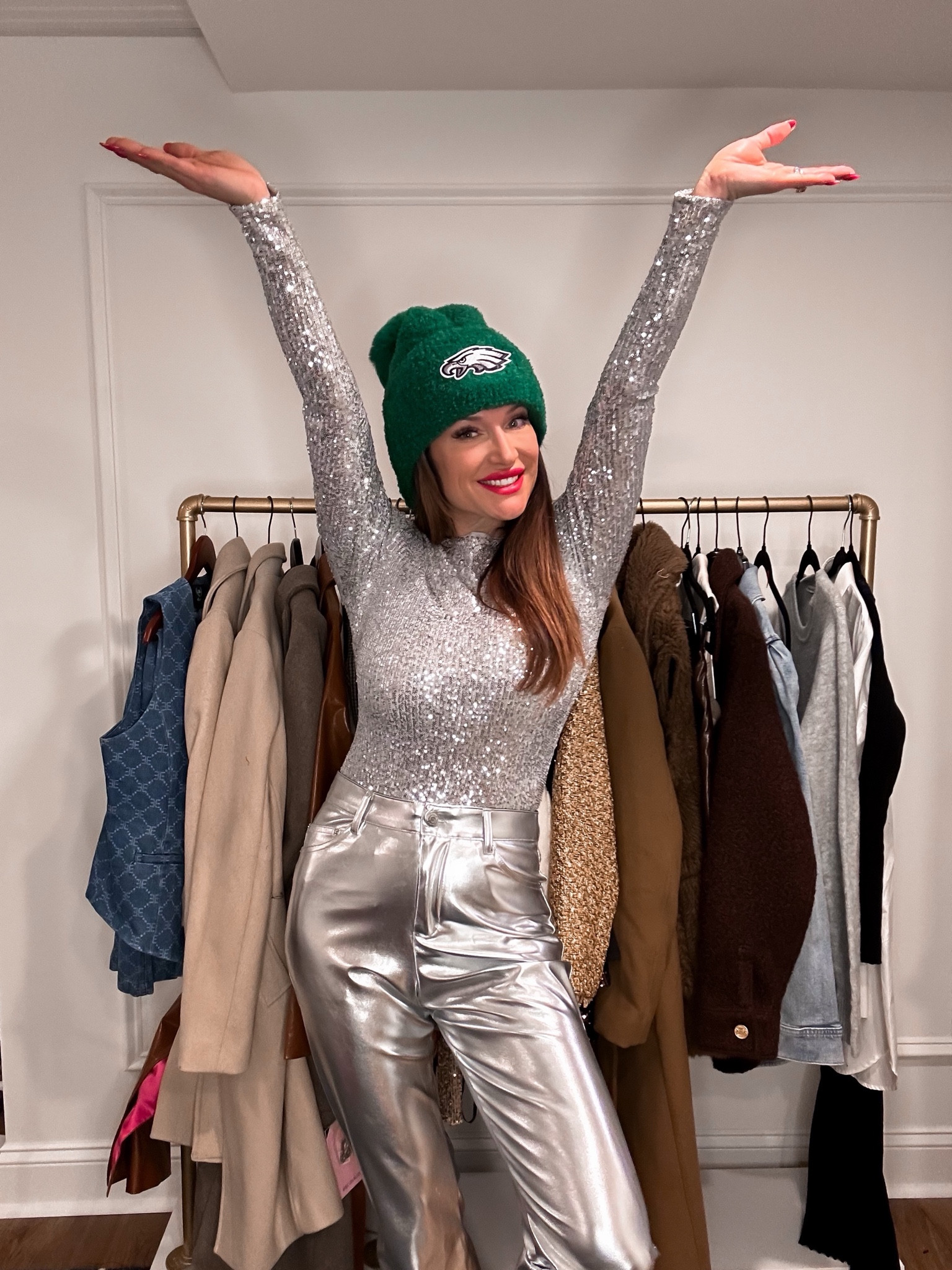 Philadelphia eagles, sequin top, metallic pants, festive outfit, game day couture, kelly green, cyber week

#LTKCyberWeek #LTKHoliday #LTKparties