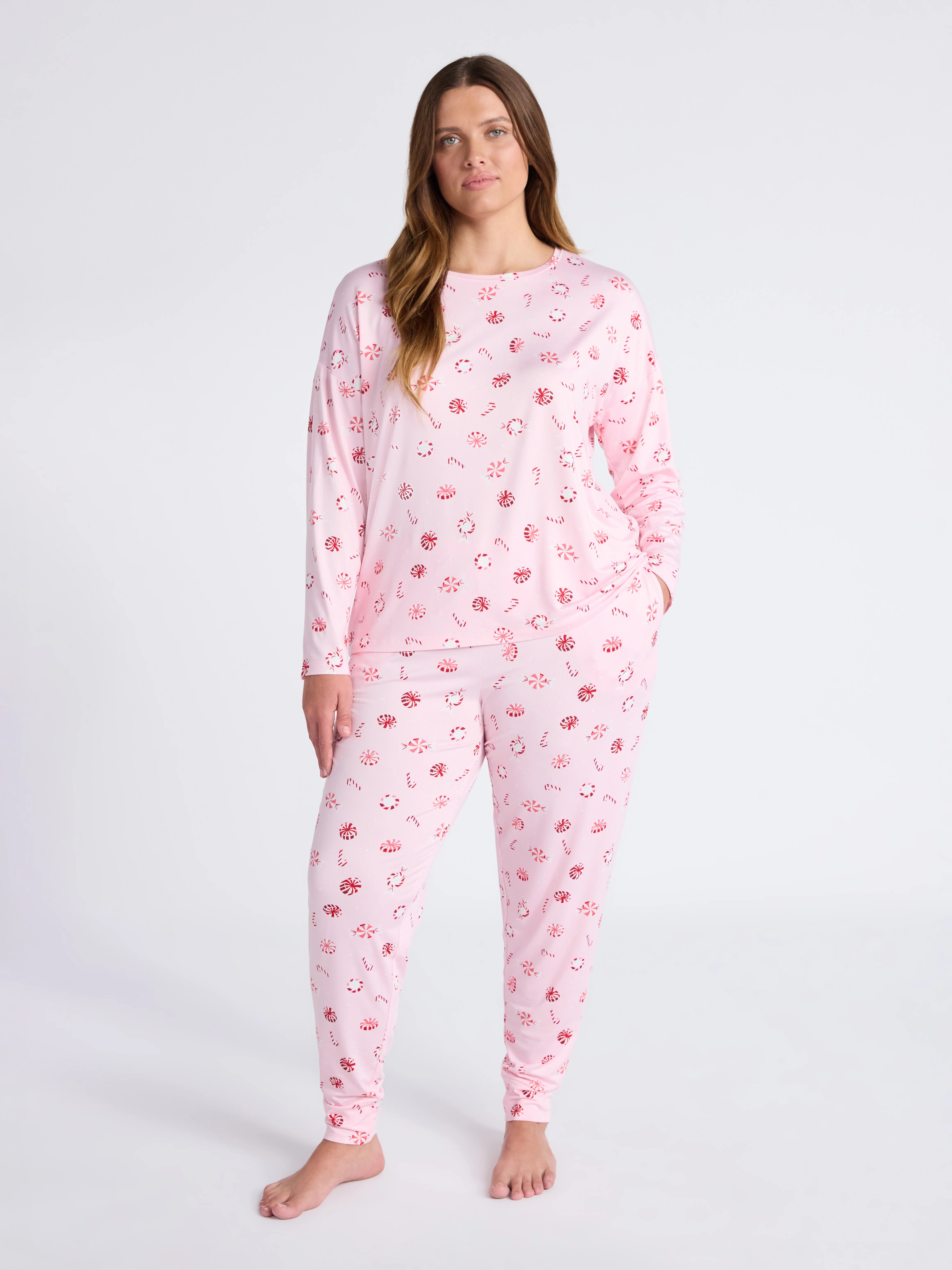 Joyspun Women's Dreamy Soft Collection Long Sleeve Sleep Top and Joggers Pajamas Set, 2-Piece, Si... | Walmart (US)