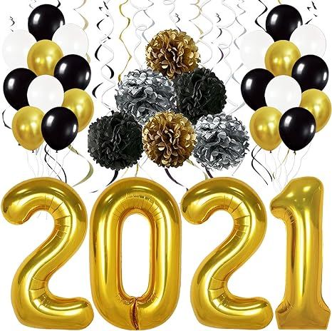 New Years Eve Party Supplies 2021 Balloons - Pack of 49 | Gold Black Silver Hanging Swirls, PomPo... | Amazon (US)