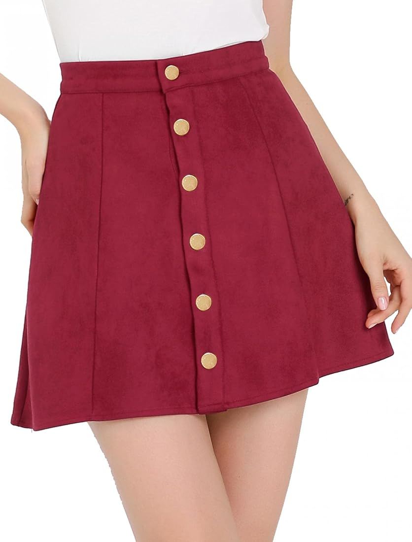 Allegra K Women's Faux Suede Button Closure A-Line High Waisted Flared Mini Short Skirt | Amazon (US)
