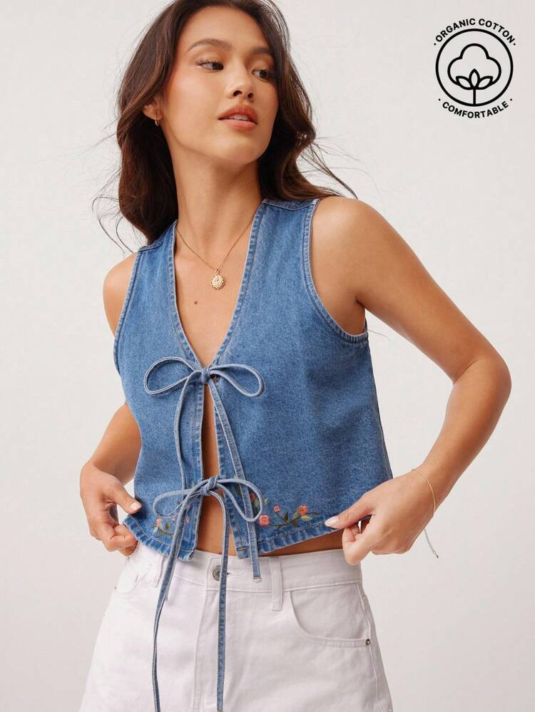 WESTFADE Summer Cotton Denim V Neck Cute Bow Tie Front Sleeveless Country Western Spring Floral Embroidered Boxy Cropped Vest Top Cowgirl Rodeo | SHEIN