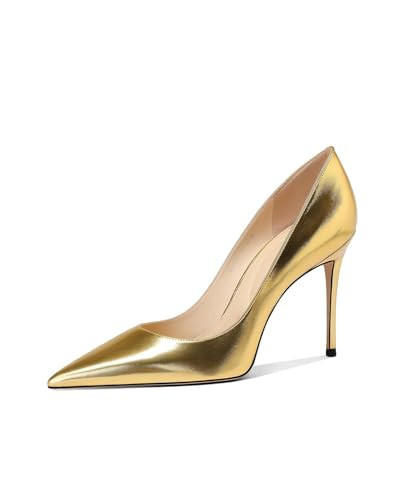 Pointed Toe Heels Luxury Metallic Gold Finish Premium Material Comfortable Stiletto for Weddings Gala Nights Anniversary Celebrations and Elegant Formal Wear | Amazon (US)