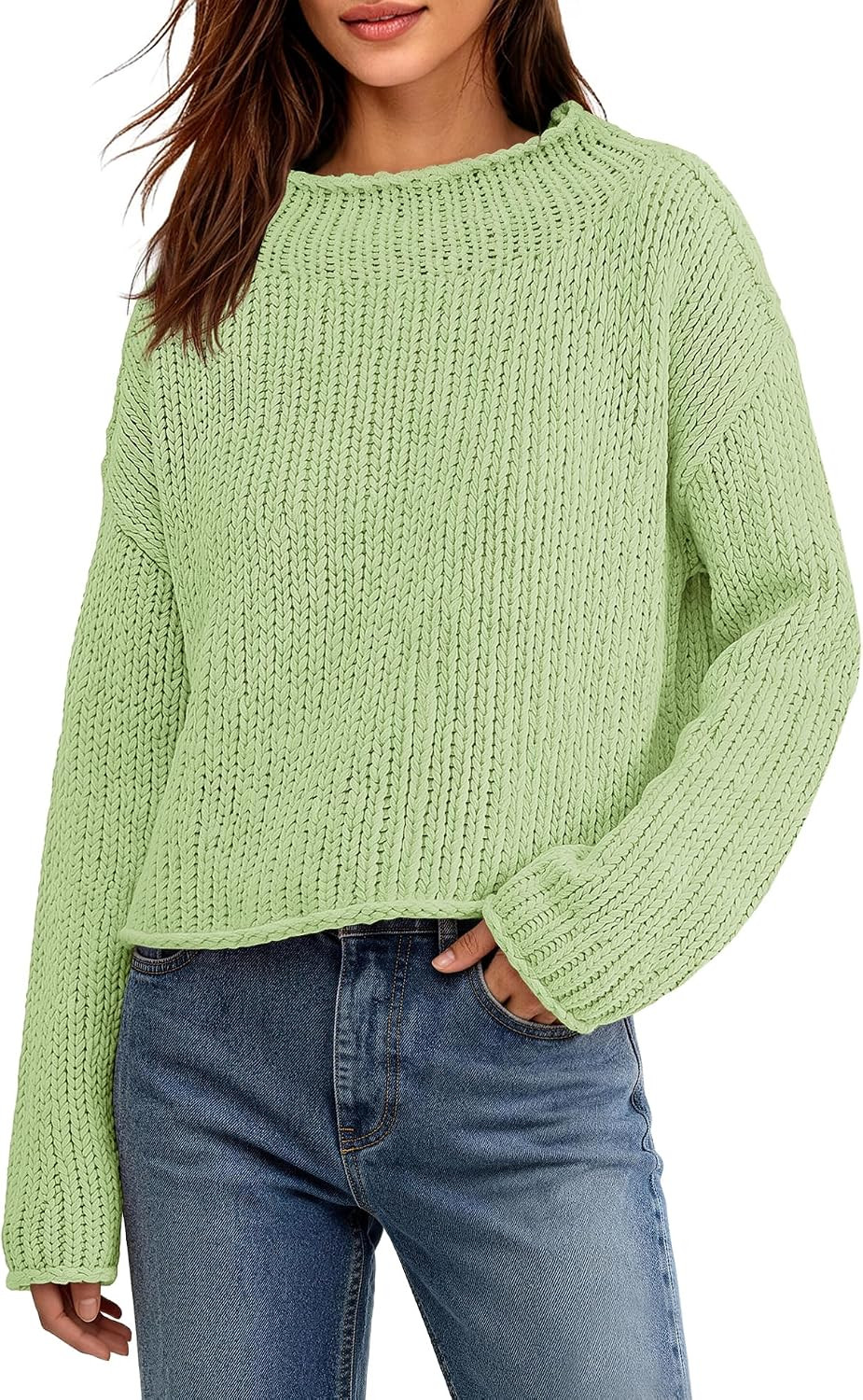 ReachMe Women's Chunky Knit Mock Neck Cropped Sweater | Amazon (US)