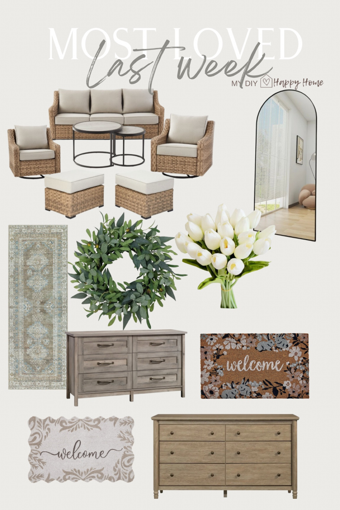 Most loved this last week:

My outdoor furniture 
My outdoor ottomans 
Oversized arched mirror 
Olive wreath 
My kitchen runner 
Faux tulips 
My bedroom dressers 
New brushed oak dressers 
Spring Front door mats 

#LTKStyleTip #LTKSeasonal #LTKHome