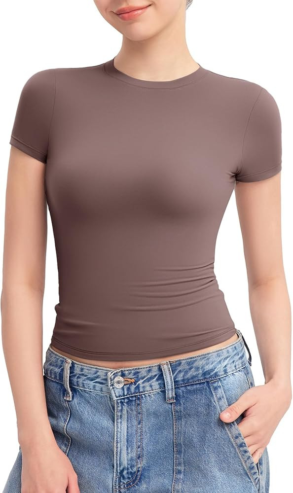 PUMIEY Women's Crew Neck Short Sleeve Tops Double Lined Slim Fit T Shirts Basic Tee Smoke Cloud P... | Amazon (US)