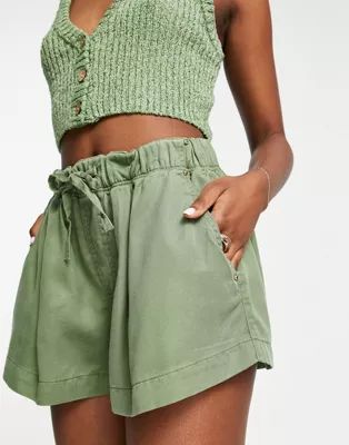 River Island drawstring high waist shorts in khaki | ASOS (Global)