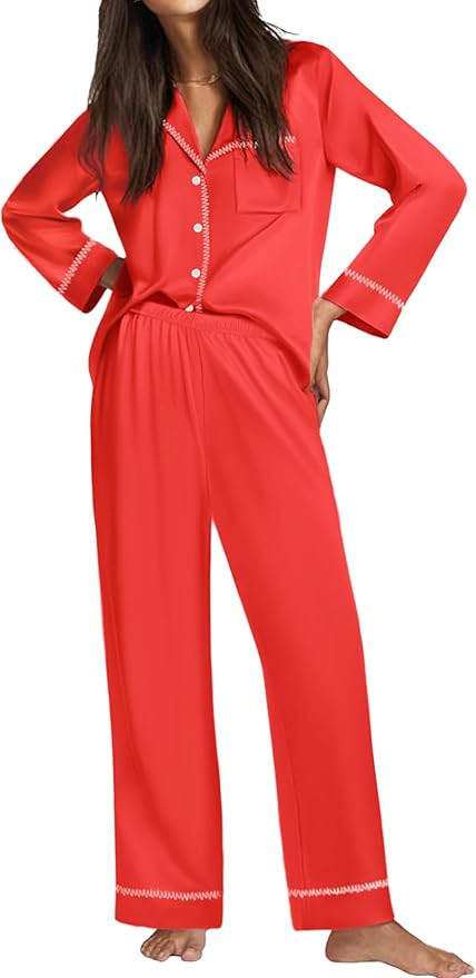Ekouaer Satin Pajama Set for Women Silky Sleepwear Long Sleeve Top and Pants Button Down Pjs Loun... | Amazon (US)